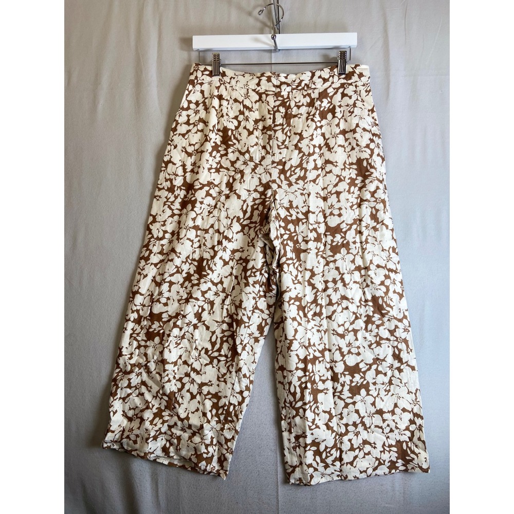 The Fifth Label Brown White Floral Wide Leg Cropped Pants XL US 10 Linen Blend